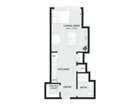Floor plan for studio, 1 bath, 579 sqft